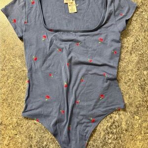 PINK Victoria's Secret Gray and Red Fitted Cap Sleeve Bodysuit